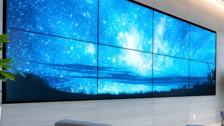 Videowall profissional multi-painel instalado em ambiente corporativo