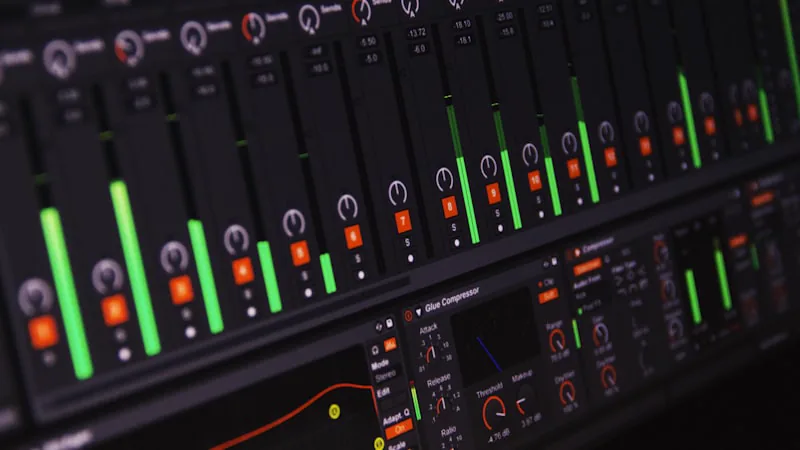 Mesa de áudio digital preta com faders e controles de canal