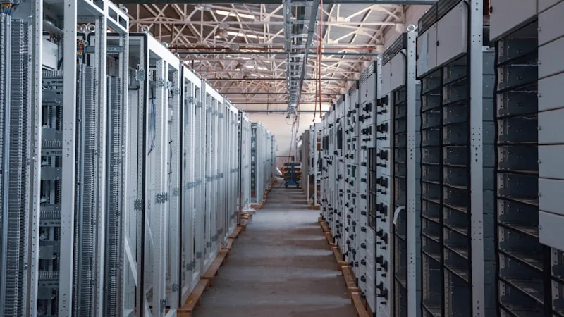 Corredor de sala técnica com fileiras de racks metálicos de equipamentos