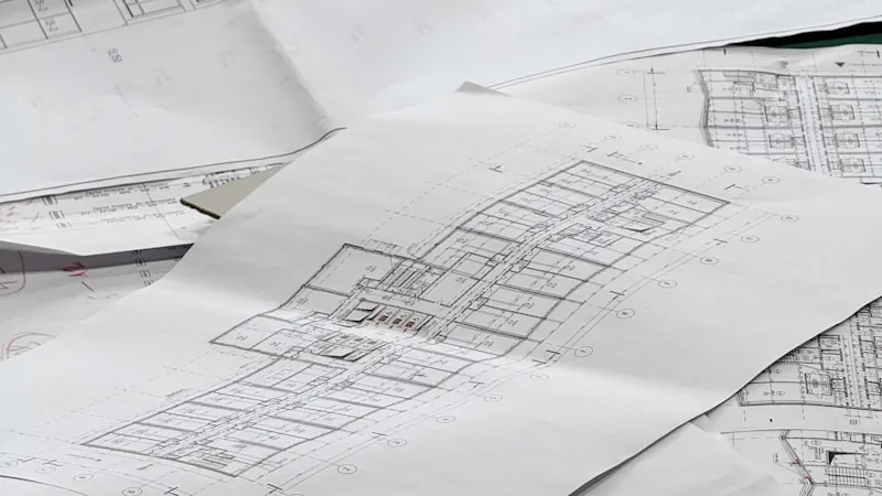Plantas e diagramas técnicos abertos sobre superfície de trabalho