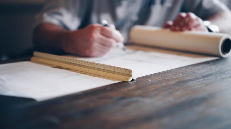 Pessoa desenhando sobre prancha técnica com instrumentos de desenho
