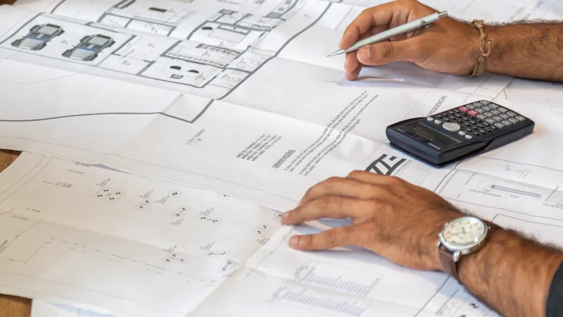 Pessoas analisando plantas tecnicas sobre a mesa de trabalho