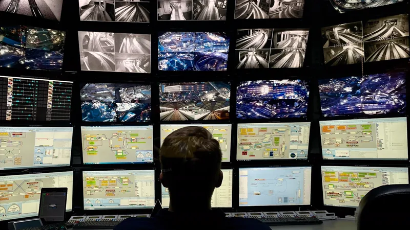 Operador sentado diante de multiplos monitores em posicao de trabalho