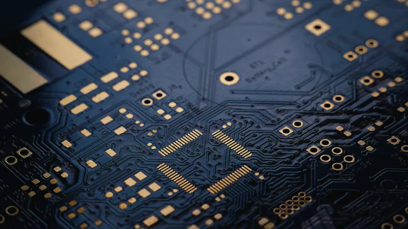 Close-up de placa de circuito impresso azul-escura com componentes eletrônicos