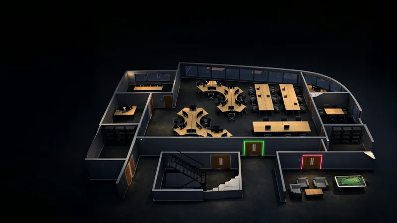 Modelo 3D em corte isométrico de um andar operacional, com ilhas de estações de trabalho multimonitor, salas de racks e salas de reunião
