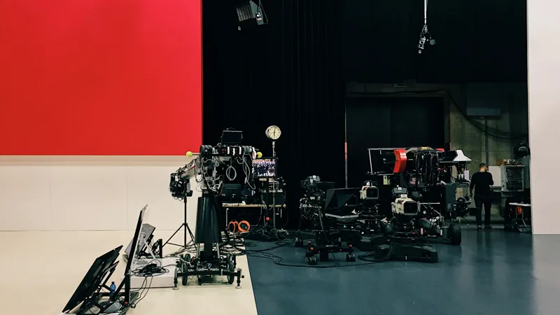 Estúdio de televisão com câmeras broadcast em pedestais, grua, teleprompter e refletores suspensos na grade de iluminação